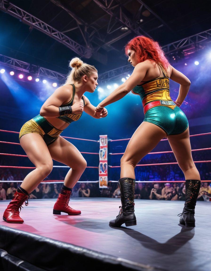 A dynamic scene showcasing fierce female wrestlers in action, executing powerful moves in a colorful wrestling ring, surrounded by enthusiastic fans waving banners. The wrestlers should embody a mix of strength and femininity, wearing vibrant costumes that celebrate their individuality. The atmosphere is electric, filled with energy and determination. The background includes cheering crowds, bright lights, and a wrestling championship belt in the foreground. super-realistic. vibrant colors. dramatic lighting.