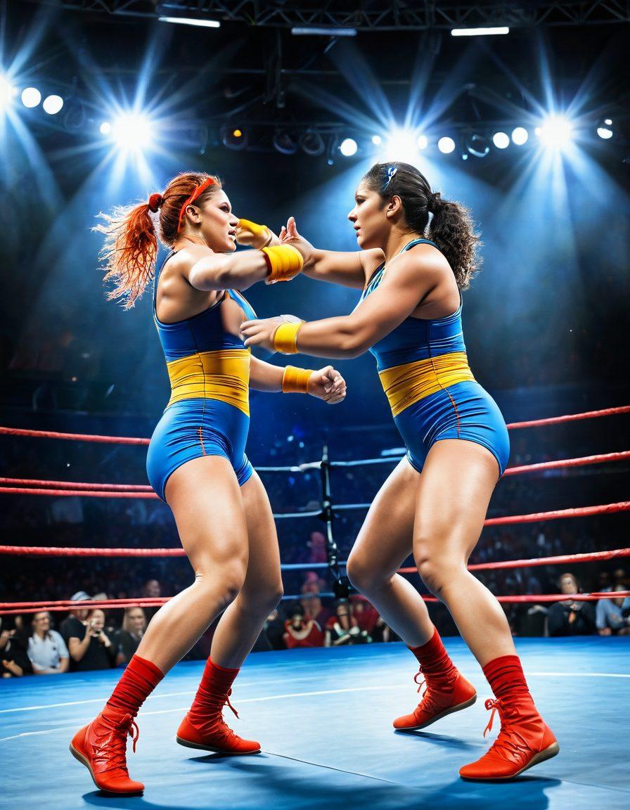 A dynamic scene showcasing powerful female wrestlers in vibrant, colorful outfits, engaged in an intense wrestling match in a lively arena filled with cheering fans. Emphasize their strong expressions and athleticism, with a spotlight highlighting their triumphs. Include banners celebrating women's empowerment and revolution in wrestling. super-realistic. vibrant colors. action-packed.